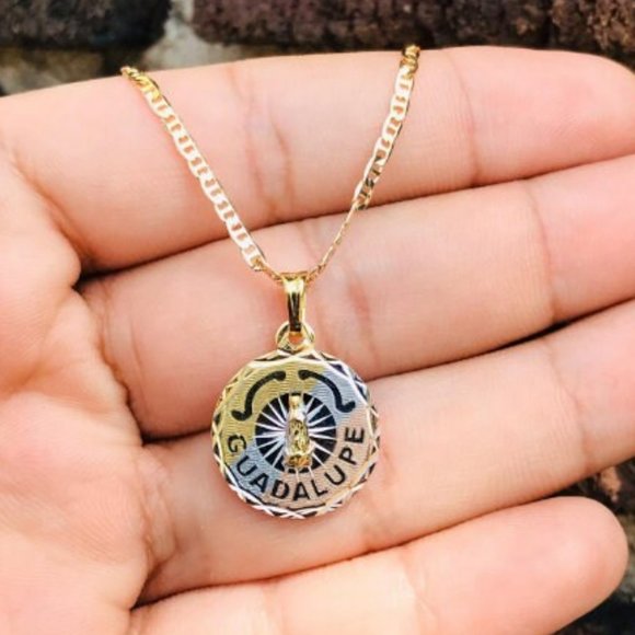 14K Gold Filled Tri Color Virgen de Guadalupe Necklace Pendant Mariner Chain 18" - Picture 1 of 6